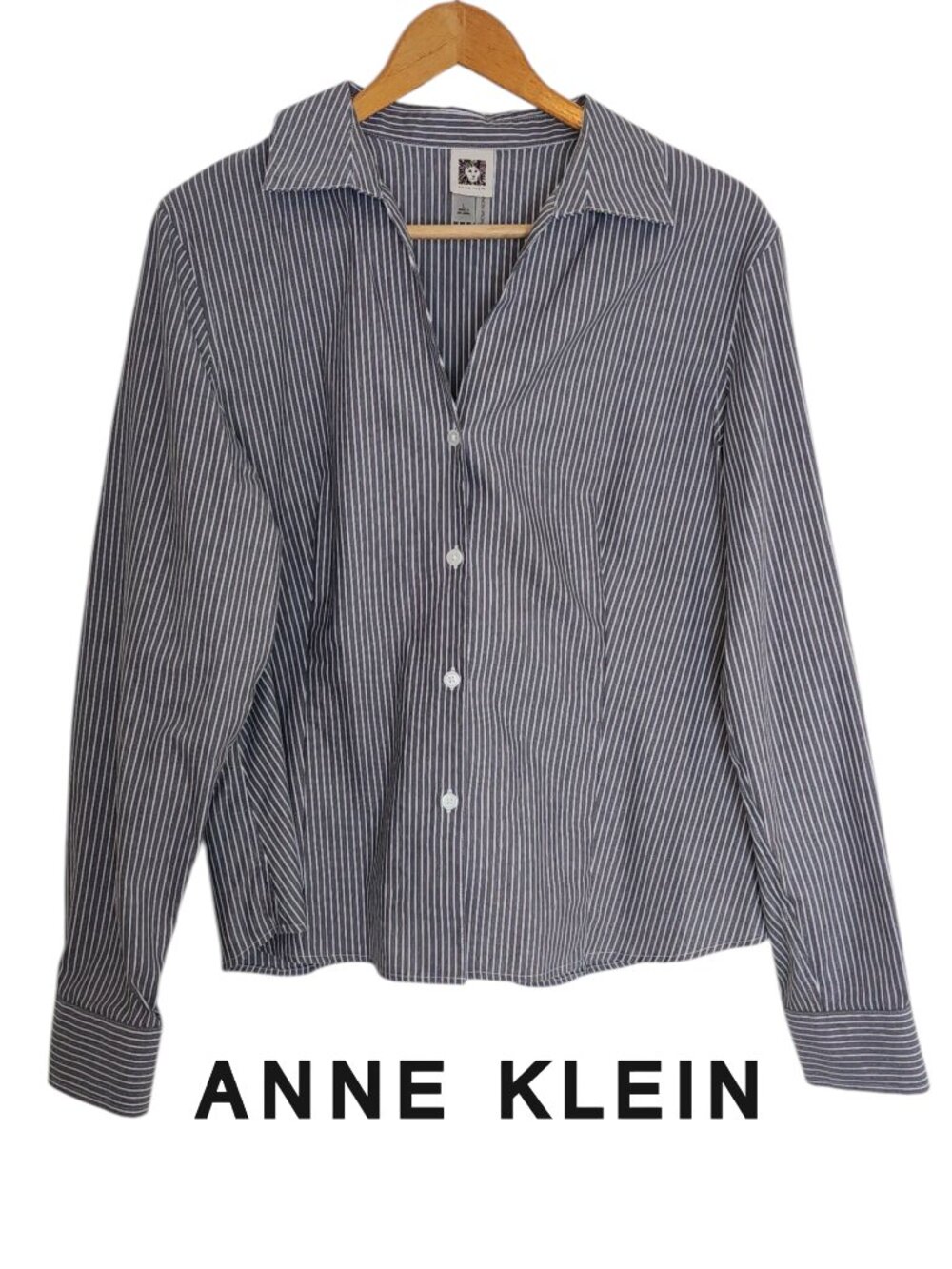 Anne Klein L Long Sleeve Oxford Top Blouse Button Down Black White Striped